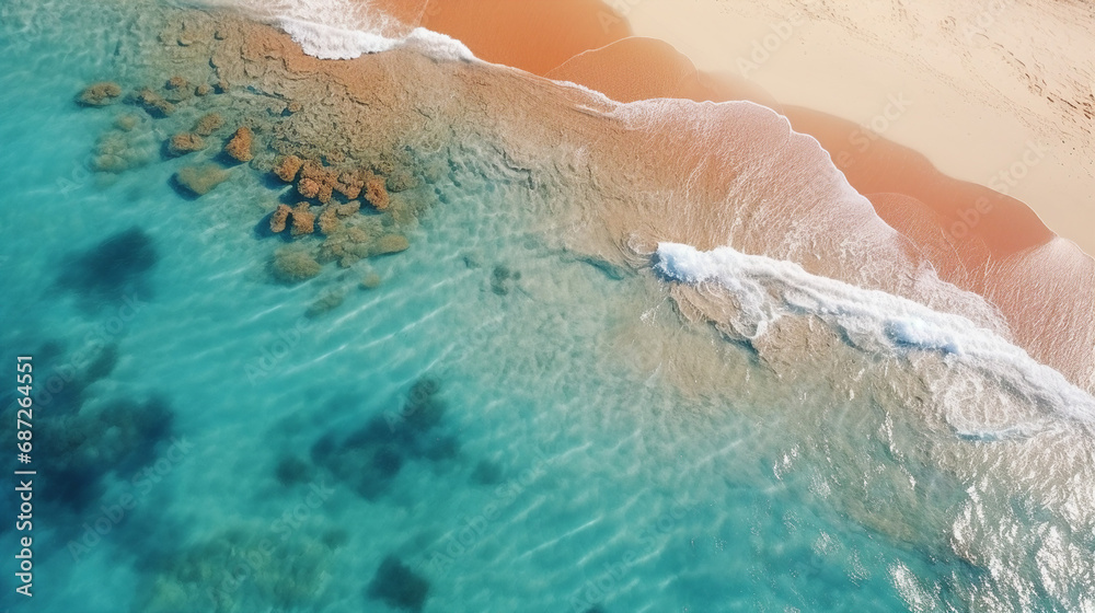 Aerial View of Pristine Beach and Coral Reefs Background