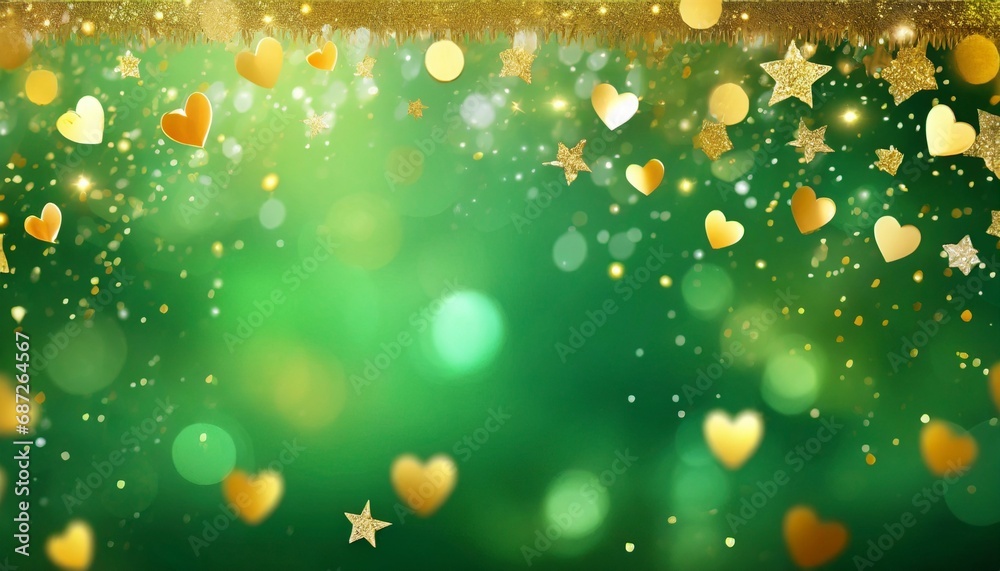 green blurred background with small gold stars elements festive christmas valentine day greetings template