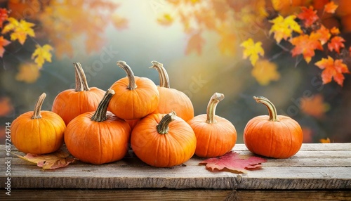 pile of orange pumpkins on wooden table over fall background banner