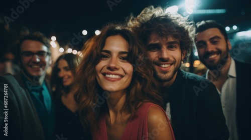 Happy couple attending a street event at night