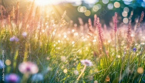 natural grass field background with blurred bokeh and sun