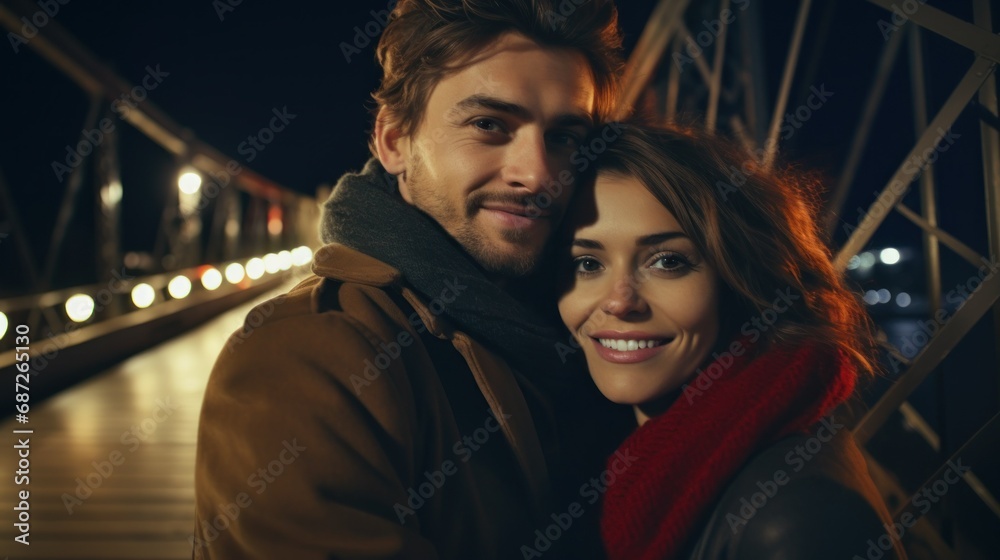 Couple posing on a bridge