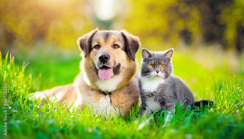 cute dog and cat lying together on a green grass field nature in a spring sunny background