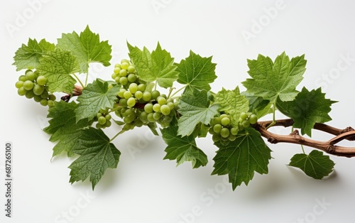 Grape leaves vine plant branch with tendrils in vineyard. White Background