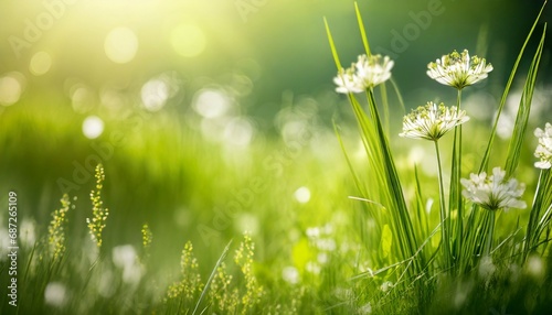 closeup of flowering grasses in an idyllic sunny green meadow on abstract blurred background with copy space grass pollen allergy season concept