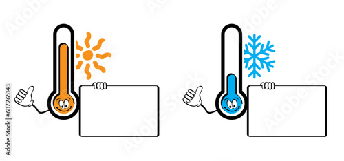 Winter, summer, thermometer or temperature indicate. Hot or cold sign. Protest, Climate Justice Now ! (CJN!). Storm, snowflake and sunny. Weather thermometers. Snow flakes and high season scale.