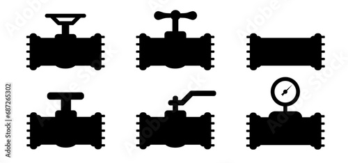 Water, oil or gas pipeline with fittings and valves. Pipeline and black tap, open, close. Globe valve icon or pictogram. Vector pipe fitting symbol. Wastewater or Waste water logo. Distribution. Sewer