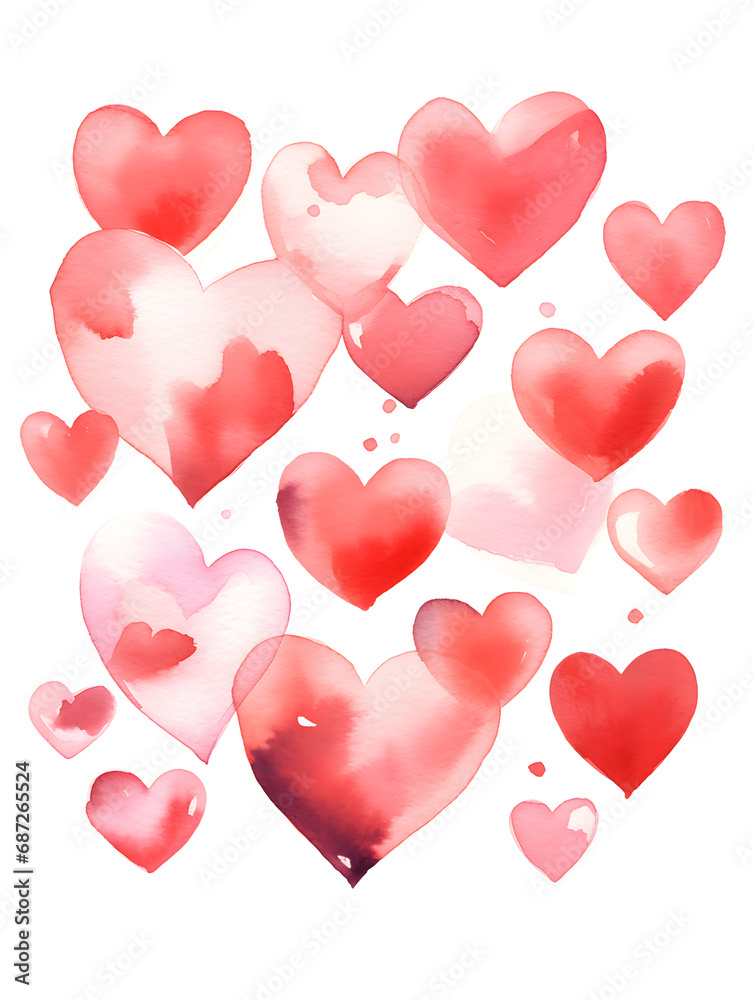 Abstract illustration with red watercolor hearts on white background	
