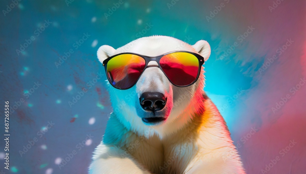 funny polar bear wearing sunglasses in studio with a colorful and bright background generative ai