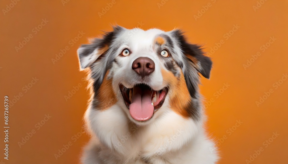 advertising portrait banner smiling funny australian shepherd looking up with open mouth on orange background