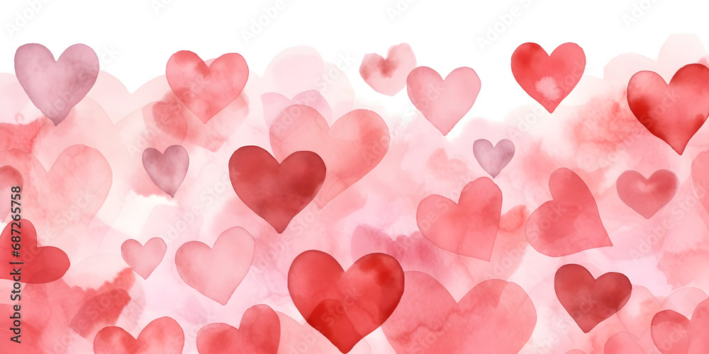 Watercolor background with red hearts and copy space 