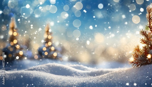 winter background with snow and blurred bokeh merry christmas and happy new year greeting card with copy space © Alicia