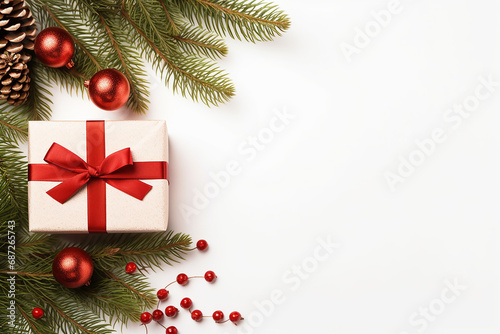 Christmas composition with Gifts  fir tree branches  red decorations on white background. Christmas  winter Flat lay  top view for Background of greeting Cards