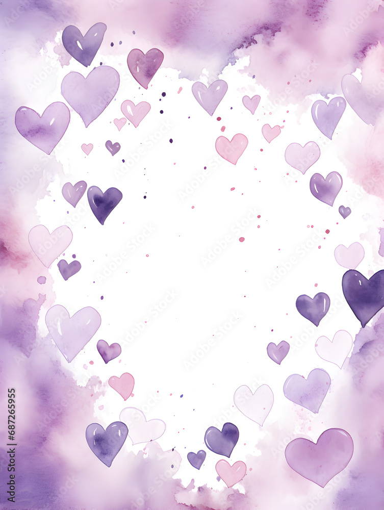 Watercolor frame background with purple hearts and free copy space for text