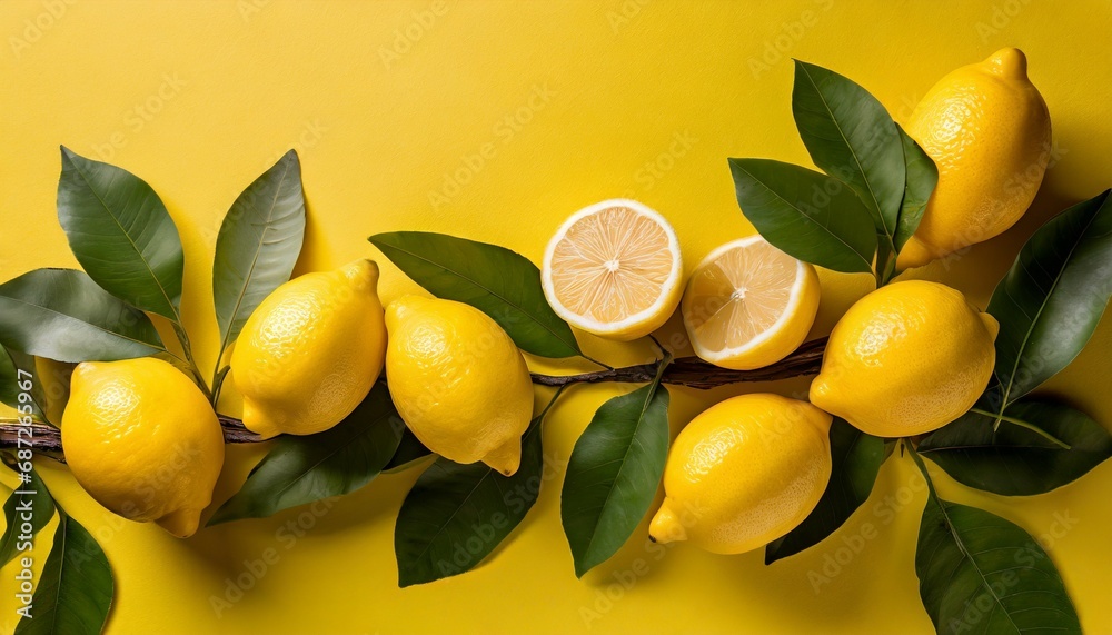 lemons with leaves on a yellow background with copyspace