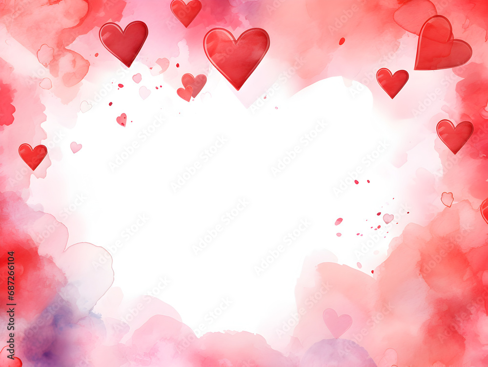 Watercolor frame background with red hearts and free copy space for text