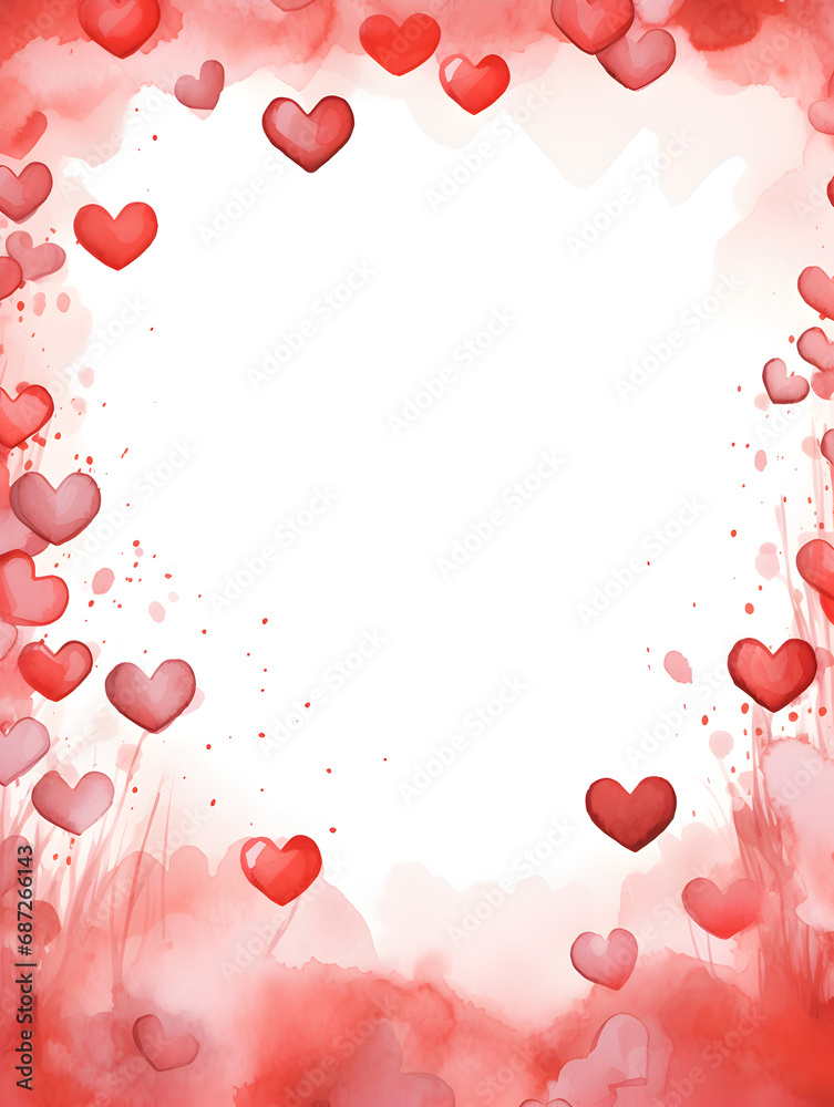 Watercolor frame background with red hearts and free copy space for text