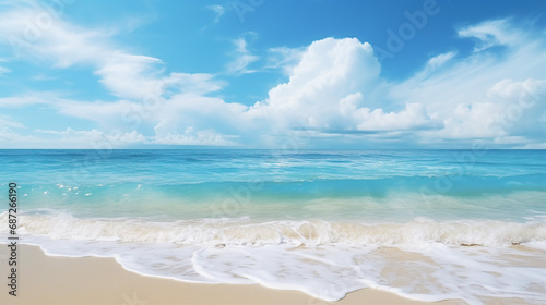 Tranquil Beach with Calm Blue Ocean and Cloudy Sky Background