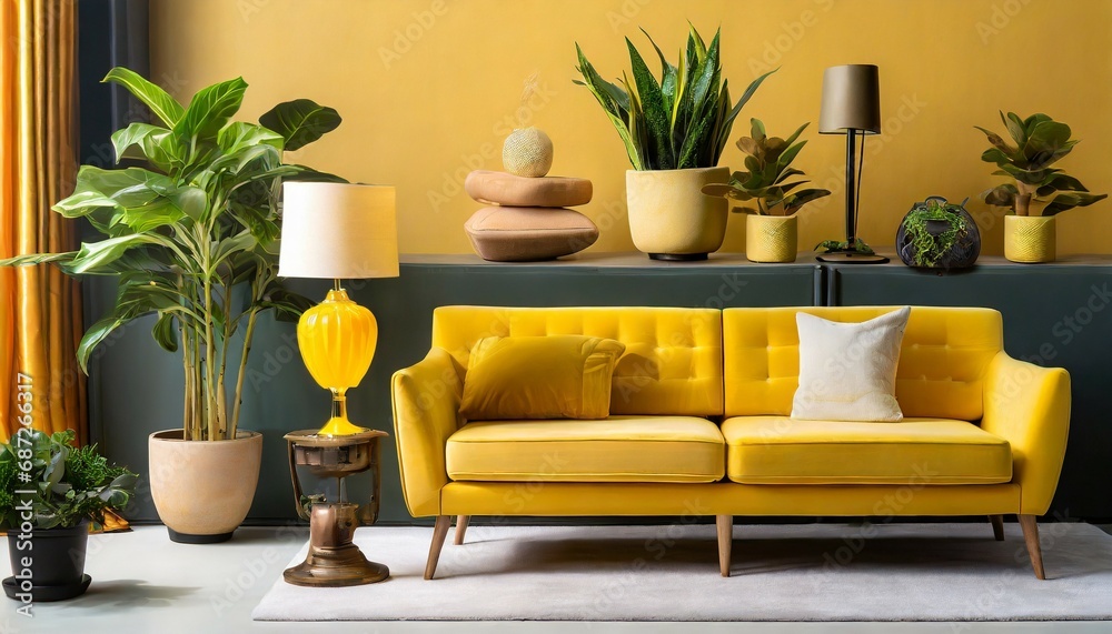 collection of yellow modern furniture items including a sofa chair planter table lamp on a background for interior design