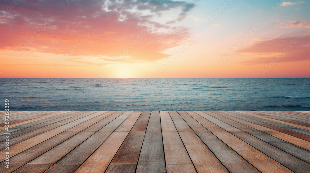 Wooden Pier Extending Into the Ocean at Sunrise Background
