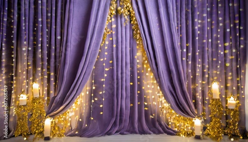 purple curtain backdrop with gold lights photographic background made with generative ai © Alicia