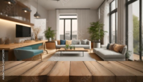 modern living room with table room with a table wood table with blurred modern apartment interior background modern living room with empty wooden tabletop with blurred living room ai generated © Alicia