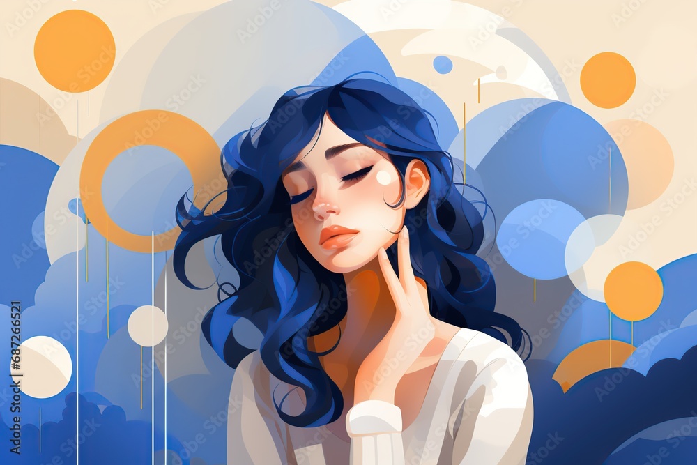 Fototapeta premium Blue Monday concept. Sad young girl, Difficulties at work, overworked employee, burnout and fatigue.
