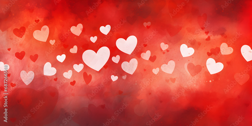 Abstract red watercolor background with white hearts
