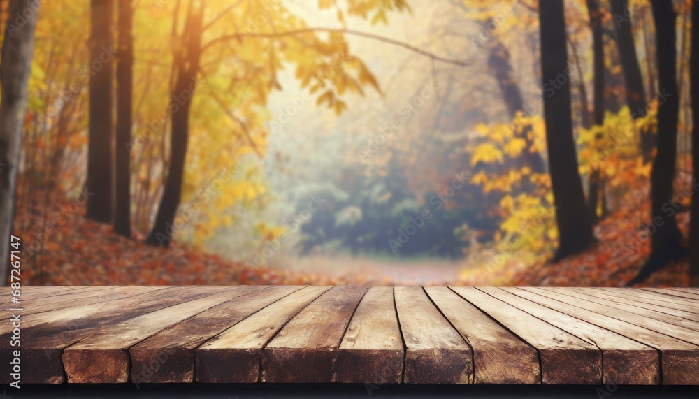 the empty rustic wooden table for product display with blur background of autumn forest exuberant image generative ai
