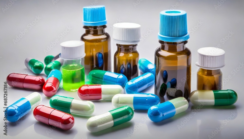 set of scattered capsules on a white background capsule bottles on background capsule pharmacy bottle pill drug concept