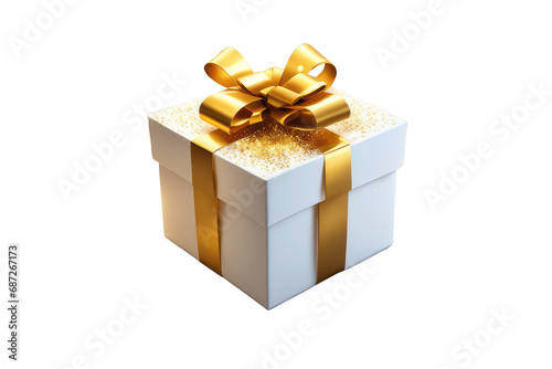Open 3d gift box with golden glow and flying particles. Graphic element for sale or holiday. Vector illustration