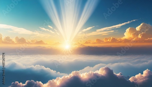 heavenly sky sunset above the clouds abstract illustration extra wide format hope divine heavens concept hand edited generative ai
