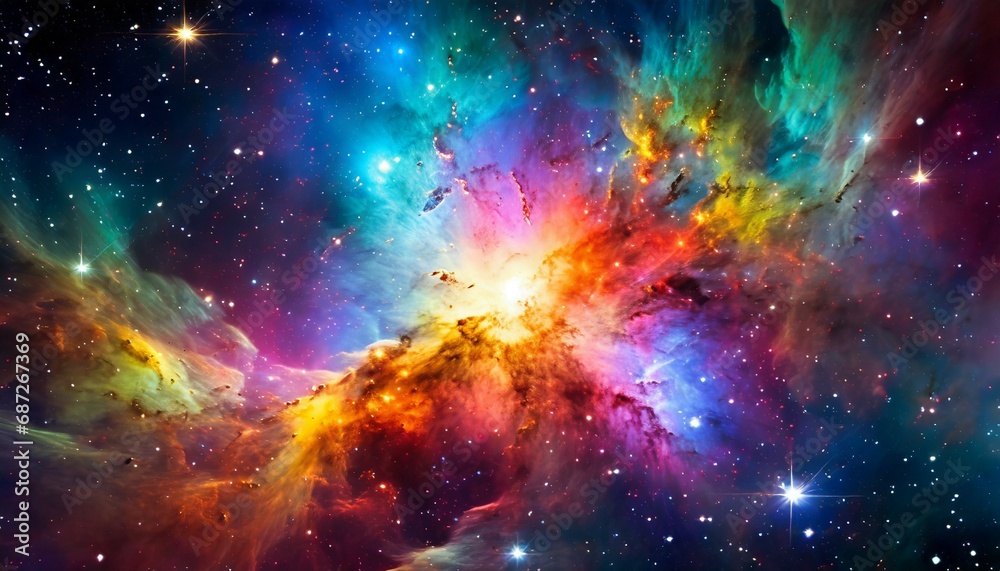 a colorful nebula a large cluster of bright galaxies