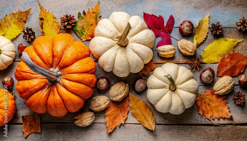 autumn thanksgiving background pumpkins acorns and leaves on rustic table top view