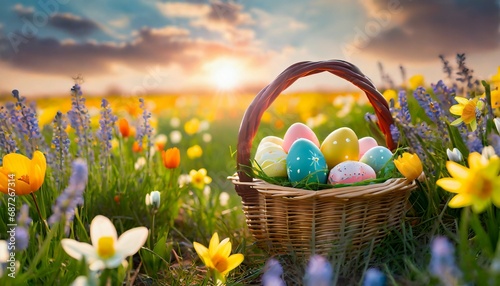 easter eggs basket in a flowerfield photo