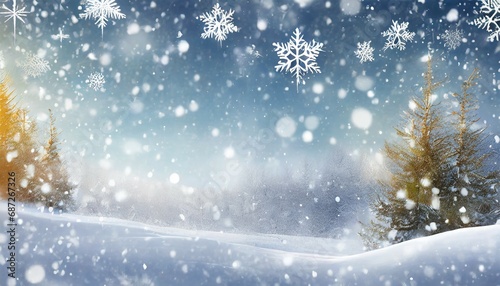 christmas card winter snow landscape snowflakes falling from sky wide panorama © Alicia