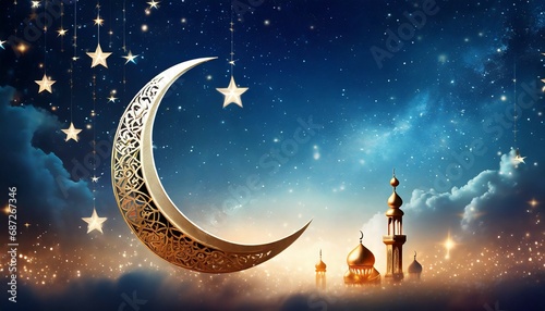 islamic greeting eid mubarak cards for muslim holidays eid ul adha festival celebration arabic ramadan background with crescent moon and the stars on night sky © Alicia