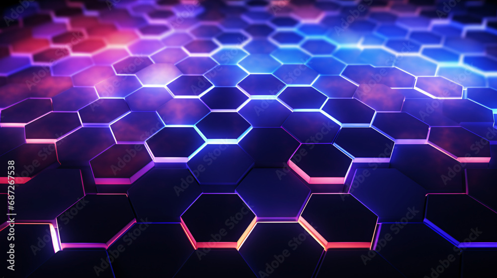 3d rendering of abstract background with hexagons and neon lights. 3d rendering of abstract background with hexagons and neon lights.