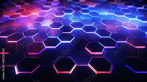 3d rendering of abstract background with hexagons and neon lights.