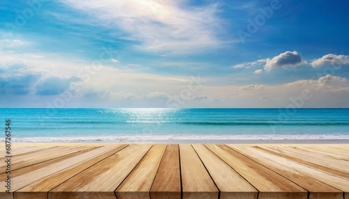 tropical fine sandy beach with blured sea sun sky clouds background with wooden table top and empty space for product advertisement montage of summer relaxation background