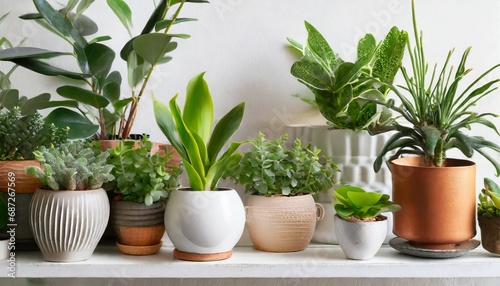 collection of various houseplants displayed in ceramic pots with background potted exotic house plants on white shelf against white wall home garden banner