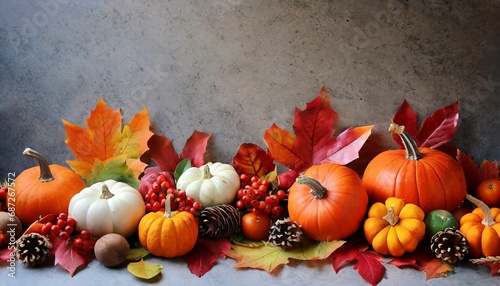 a collection of autumn fall leaves fruits and pumpkins a forming a border layout against a background for thanksgiving fall and harvest festivals
