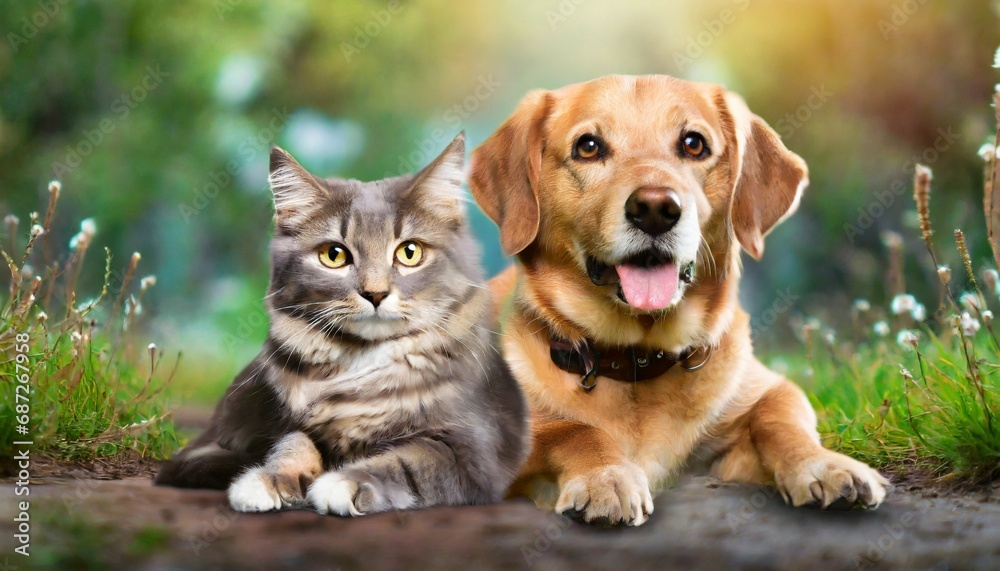 portrait of happy dog and cat that looking at the camera together on background friendship between dog and cat amazing friendliness of the pets