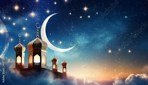 islamic greeting eid mubarak cards for muslim holidays eid ul adha festival celebration arabic ramadan background with crescent moon and the stars on night sky © Alicia