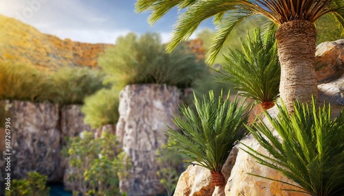 phoenix rupicola tree cliff date palm trees on background and selective focus close up 3d render photo