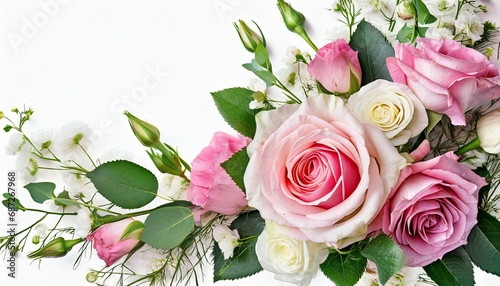 pink rose and eustoma flowers in a corner floral arrangement on white or background © Alicia
