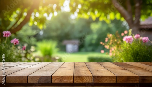 empty sturdy wooden table summer time blurred backyard garden background