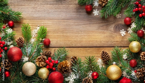 christmas background with decorated fir tree branch border on wood