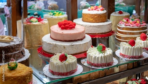 sweet and cute whole cakes lined up in a showcase full of various kinds of cakes event concept suitable for birthdays and christmas