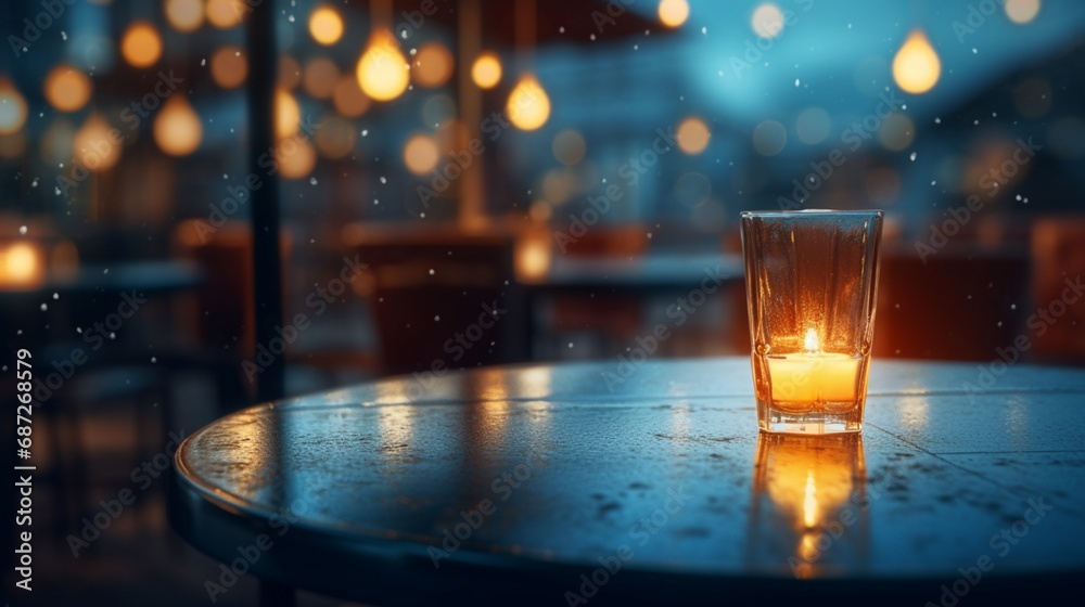 an image where soft raindrops delicately grace an empty table, with the blurred lights of a Petrol station creating a dreamy aura, perfect for a poetic product display - obrazy, fototapety, plakaty 